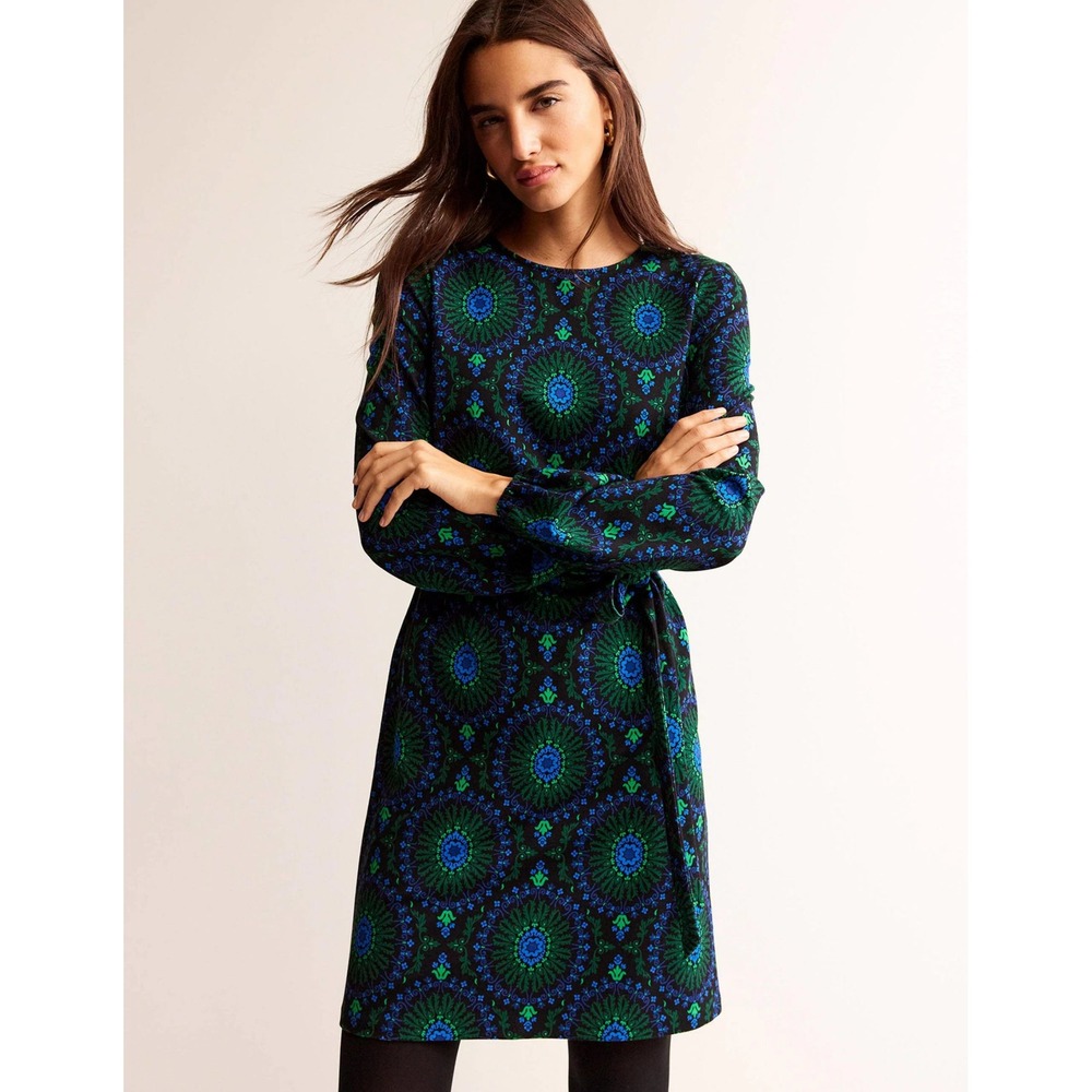 Boden Violet Ponte Shift Dress Size 8 Long Blue Green Black Geometric Whimsical